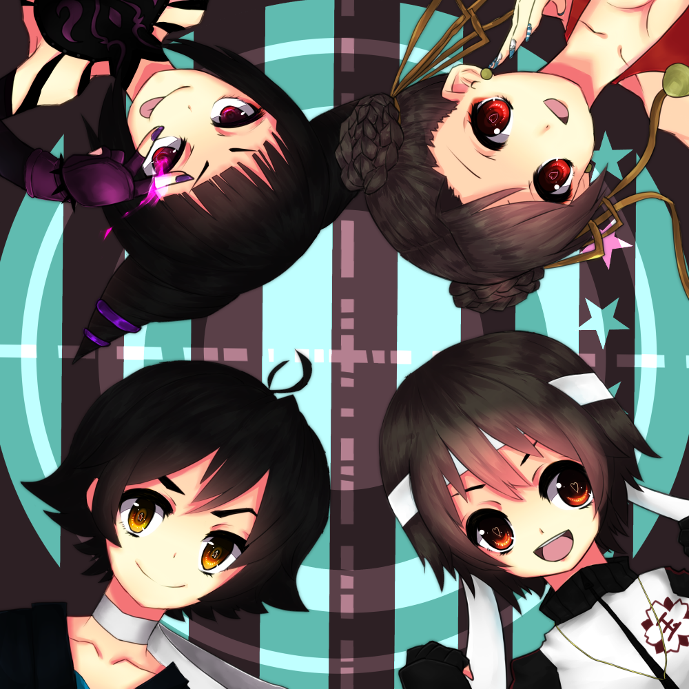 4girls, alternate_costume, antenna_hair, black_hair, braid, brown_hair, choker, chun-li