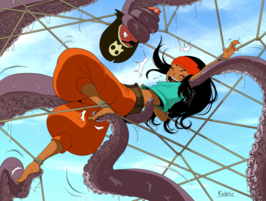 /\/\/\, 1girl, baggy_pants, barefoot, black_hair, capri_pants, dark_skin, elaine_narrowsmith, encre_noir, eyepatch, father_and_daughter, flat_chest, hat, headband, highres, kidetic, laughing, long_hair, midriff, pirate, pirate_hat, restrained, rope, tentacles, tickling, tied_up, toes, wakfu