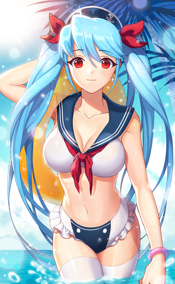 1girl, blue_hair, bracelet, breasts, cleavage, earrings, eng_(hypark1102), hair_ribbon