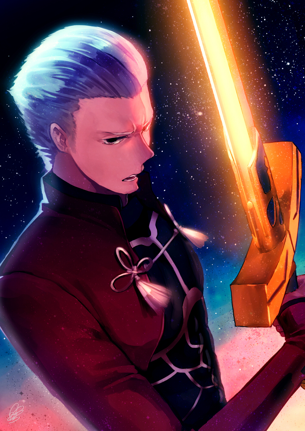1boy, archer, excalibur, fate/stay_night, fate_(series), glowing, glowing_sword, glowing_weapon