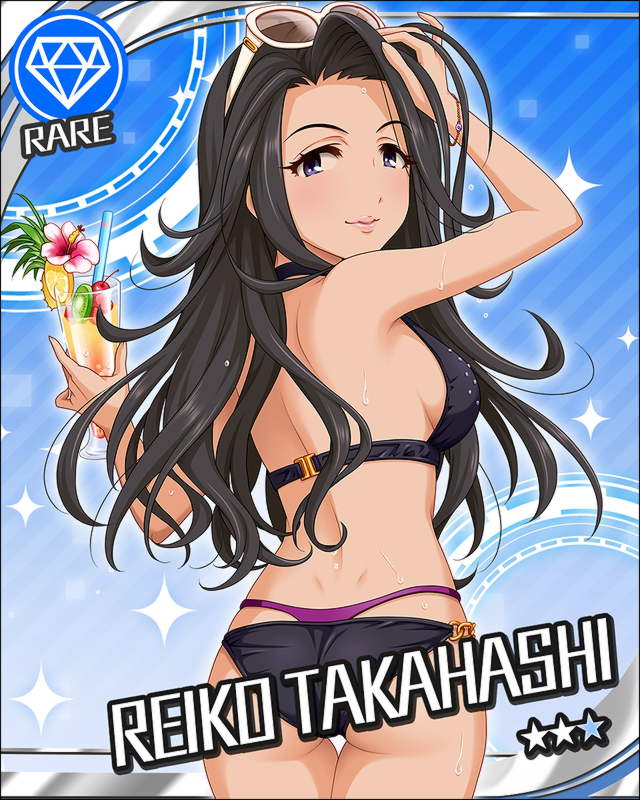 bare_back, beverage, bikini, black_hair, blue_eyes, character_name, goggles, idolmaster