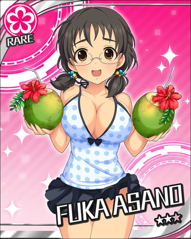 1girl, asano_fuuka, breasts, brown_eyes, brown_hair, character_name, cleavage, coconut, flower, flower_(symbol), frilled_skirt, frills, glasses, idolmaster, idolmaster_cinderella_girls, large_breasts, low_twintails, microskirt, pink_background, polka_dot, short_hair, skirt, smile, solo, star, straw, twintails