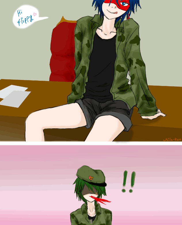 2boys, blue_eyes, blue_hair, english, flippy, green_hair, happy_tree_friends, hat
