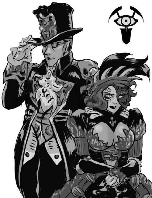 1boy, 1girl, baron_nero, hat, humanization, madame_noire, monster_girl, ressha_sentai_toqger, super_sentai