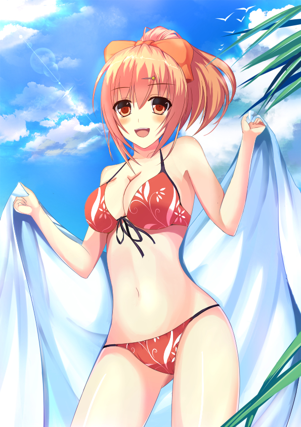 bikini, girlfriend_(kari), long_hair, orange_eyes, orange_hair, ponytail, ribbon, sakurai_akane