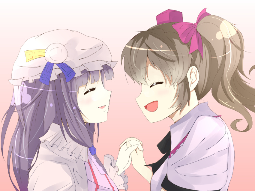 2girls, ^_^, bangs, black_emperor, blunt_bangs, blush, bow, brown_hair, closed_eyes, crossover, hair_bow, hair_tubes, hat, highres, himekaidou_hatate, holding_hands, interlocked_fingers, long_hair, misao, multiple_girls, open_mouth, parody, patchouli_knowledge, payot, purple_hair, short_ponytail, smile, touhou