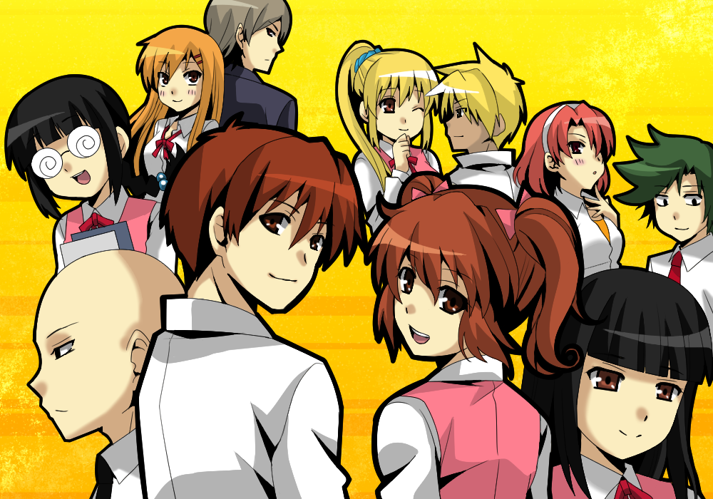 5boys, 6+girls, aki_(misao), akito_(misao), ayaka_(misao), bald, bangs, black_eyes, black_hair, blonde_hair, blunt_bangs, blush, bow, bowtie, brown_eyes, brown_hair, collared_shirt, dark_skin, ears, everyone, formal, glasses, green_hair, hair_bow, hair_ornament, hairband, hairclip, headband, hideki_sohta, kudoh_(misao), library_(misao), light_smile, long_hair, looking_at_viewer, looking_back, matsuyamadora, misao, misao_(misao), multiple_boys, multiple_girls, necktie, one_eye_closed, onigawara_(misao), open_mouth, orange_eyes, orange_hair, parted_bangs, payot, pink_bow, ponytail, red_ribbon, redhead, ribbon, saotome_(misao), school_uniform, shirt, short_hair, simple_background, smile, spiky_hair, swept_bangs, tears, tohma_(misao), twintails, white_shirt, yellow_background, yoshino_(misao)
