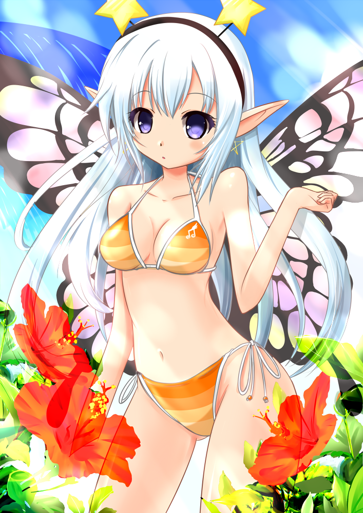 1girl, akino_sakura, bikini, butterfly_wings, flower, hairband, hibiscus, long_hair
