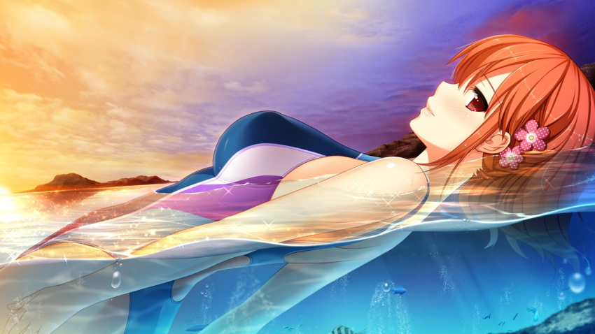 1girl, blush, competition_swimsuit, fish, floating, flower, game_cg, hair_flower