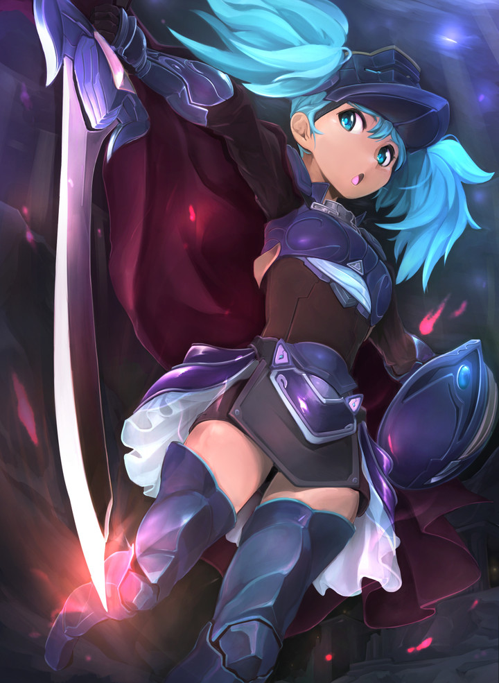 1girl, armor, blue_eyes, blue_hair, breastplate, cape, frilled_skirt, frills