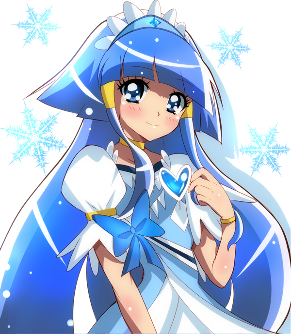1girl, aoki_reika, blue_eyes, blue_hair, blush, bow, bracelet, brooch