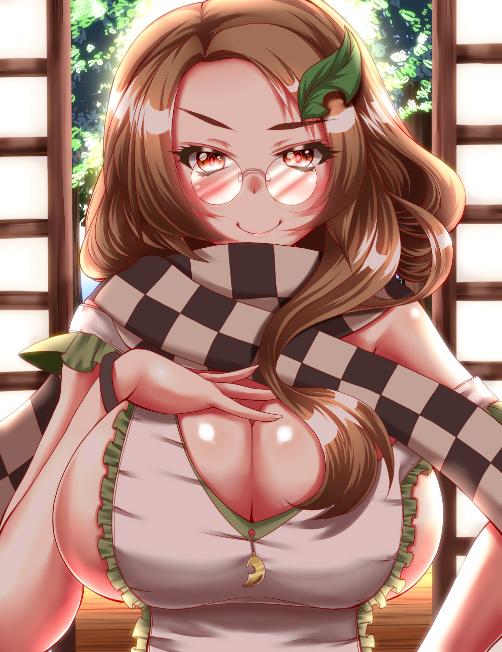 1girl, apron, breasts, brown_eyes, brown_hair, bust, cleavage, futatsuiwa_mamizou