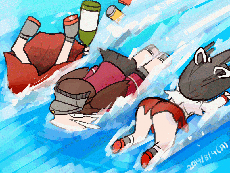 animated, animated_gif, black_hair, brown_hair, hair_ribbon, hat, hiyou_(kantai_collection), japanese_clothes