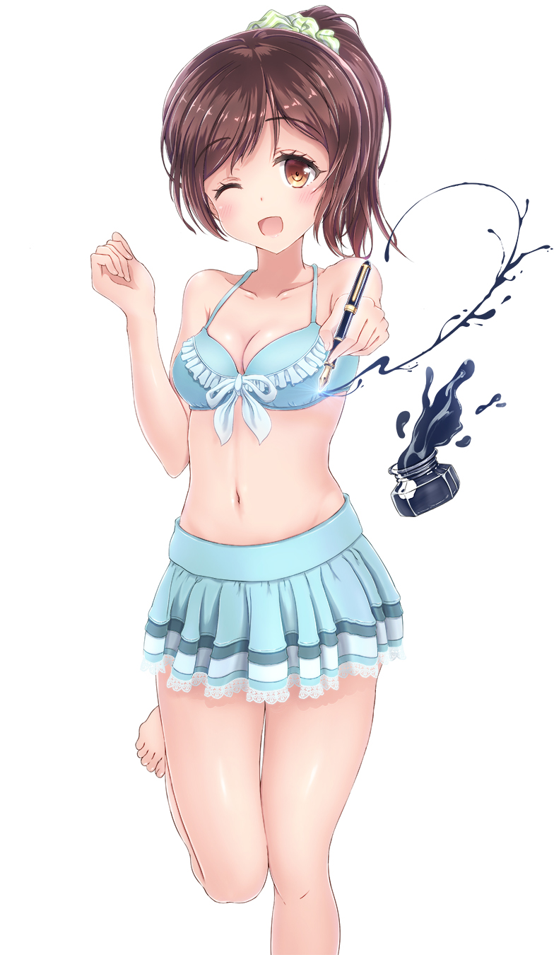 1girl, alc_(ex2_lv), barefoot, bikini, breasts, brown_eyes, brown_hair, cleavage