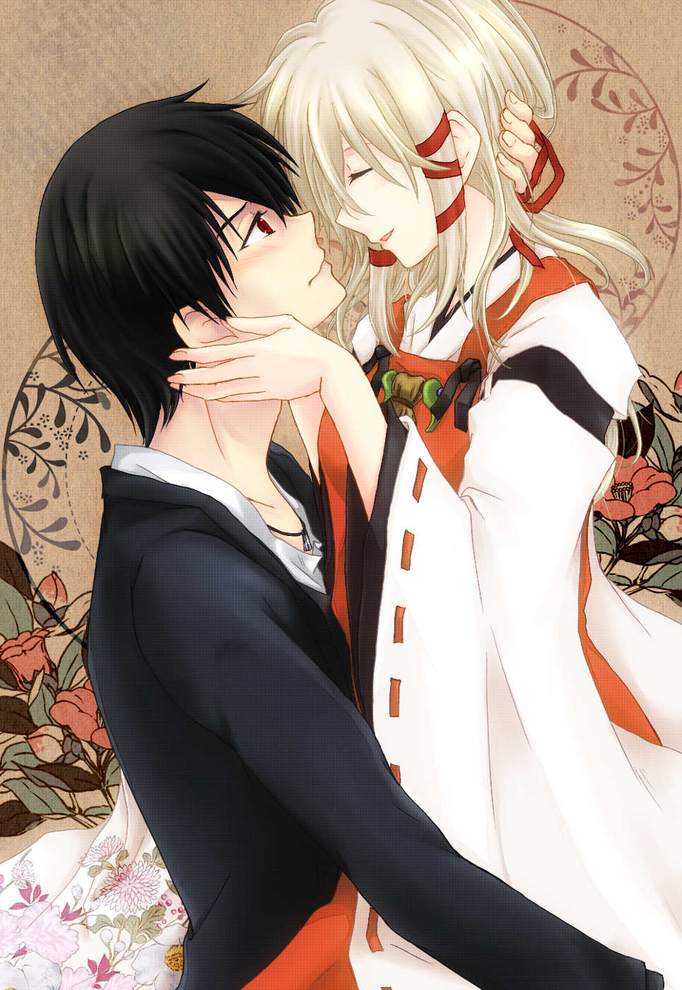 1boy, 1girl, black_hair, blonde_hair, blush, closed_eyes, couple, evgrxxriu
