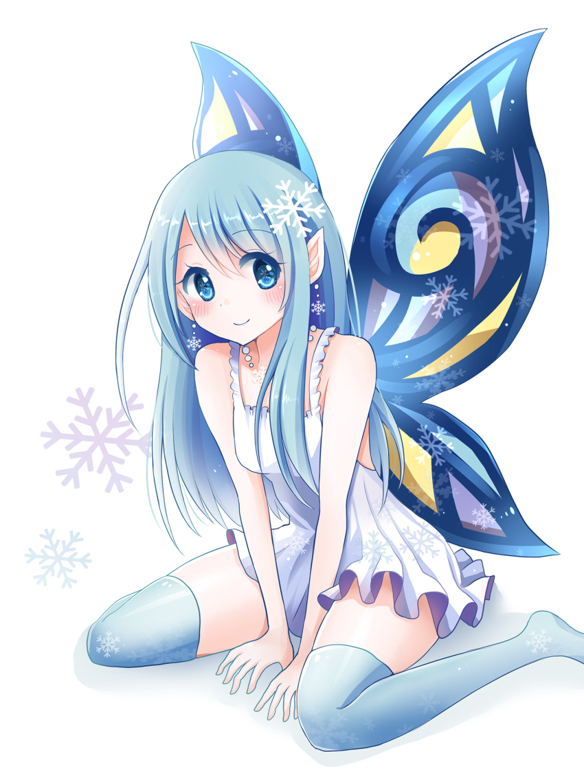 1girl, blue_eyes, blue_hair, blue_legwear, blush, butterfly_wings, dress, fairy, hair_ornament, highres, long_hair, looking_at_viewer, original, pointy_ears, simple_background, sitting, smile, snowflake_hair_ornament, snowflake_print, snowflakes, snowmi, solo, symbol-shaped_pupils, thigh-highs, wariza, white_background, white_clothes, wings, zettai_ryouiki