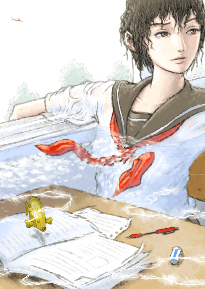 1girl, black_hair, book, brown_eyes, desk, dragonfly, eraser, fish