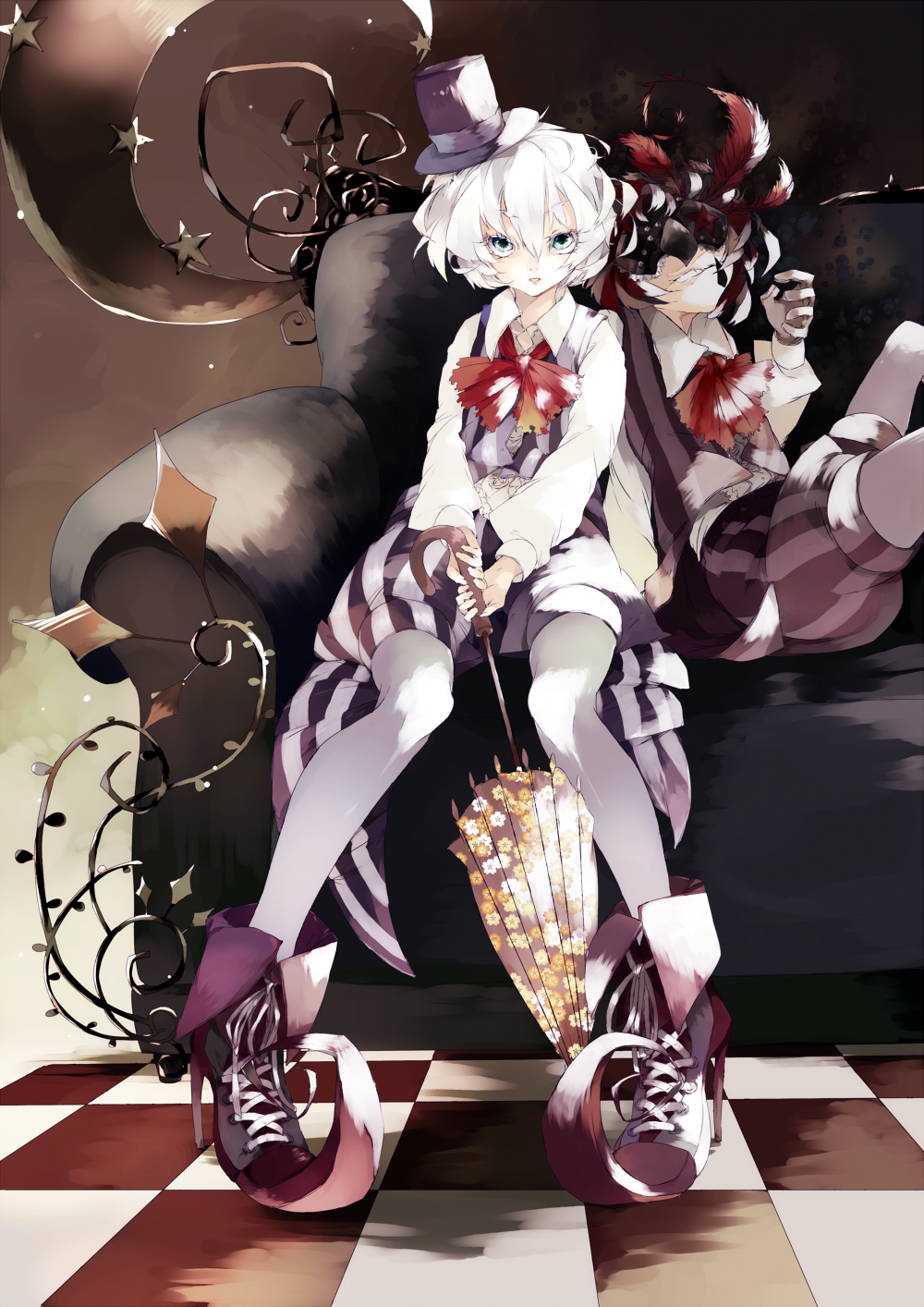 couch, green_eyes, hat, highres, kaie_yuu_(cahier), mask, mini_top_hat, original, short_hair, top_hat, umbrella, vertical_stripes, white_hair