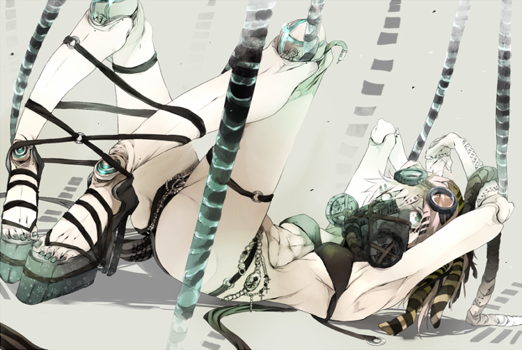 1girl, android, bound_legs, bra, gas_mask, goggles, kaie_yuu_(cahier), lying