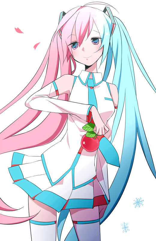 apple, aqua_hair, blue_eyes, food, fruit, hatsune_miku, long_hair, multicolored_eyes