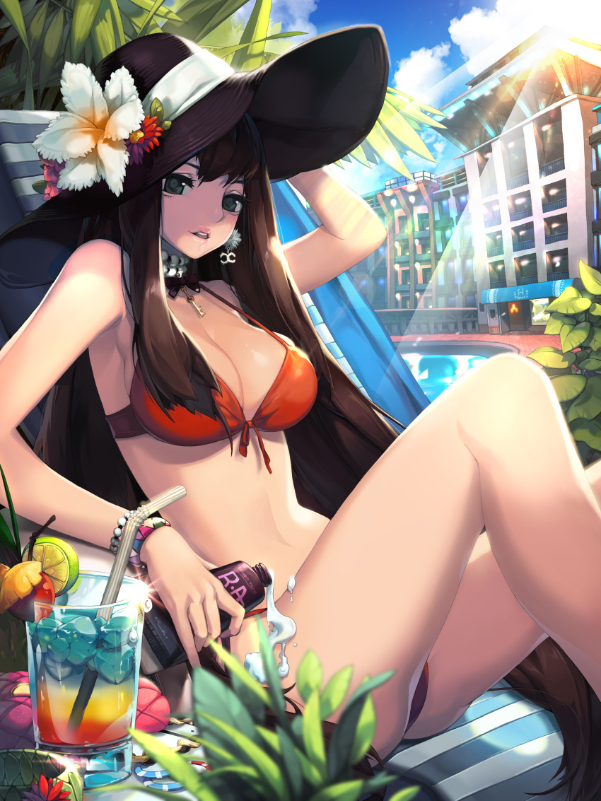 1girl, absurdres, arm_up, bare_shoulders, bikini, black_eyes, blurry, bracelet