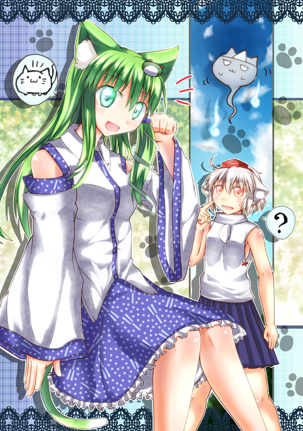 2girls, ?, animal_ears, cat_ears, cat_tail, commentary_request, detached_sleeves, frog_hair_ornament