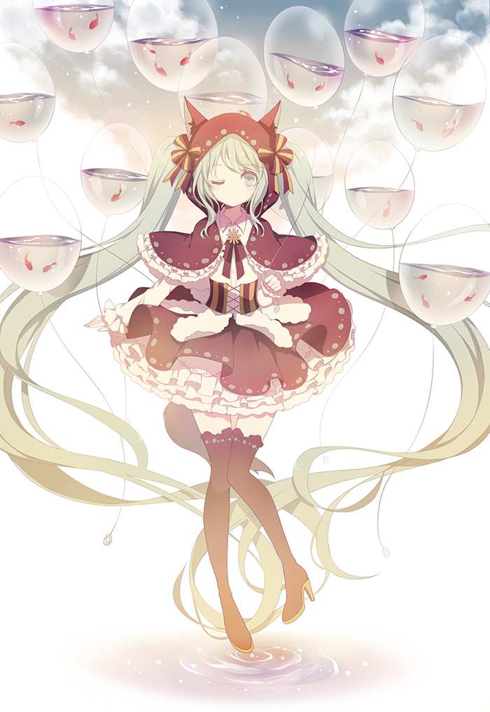 1girl, absurdly_long_hair, balloon, boots, corset, dress, fish, green_eyes