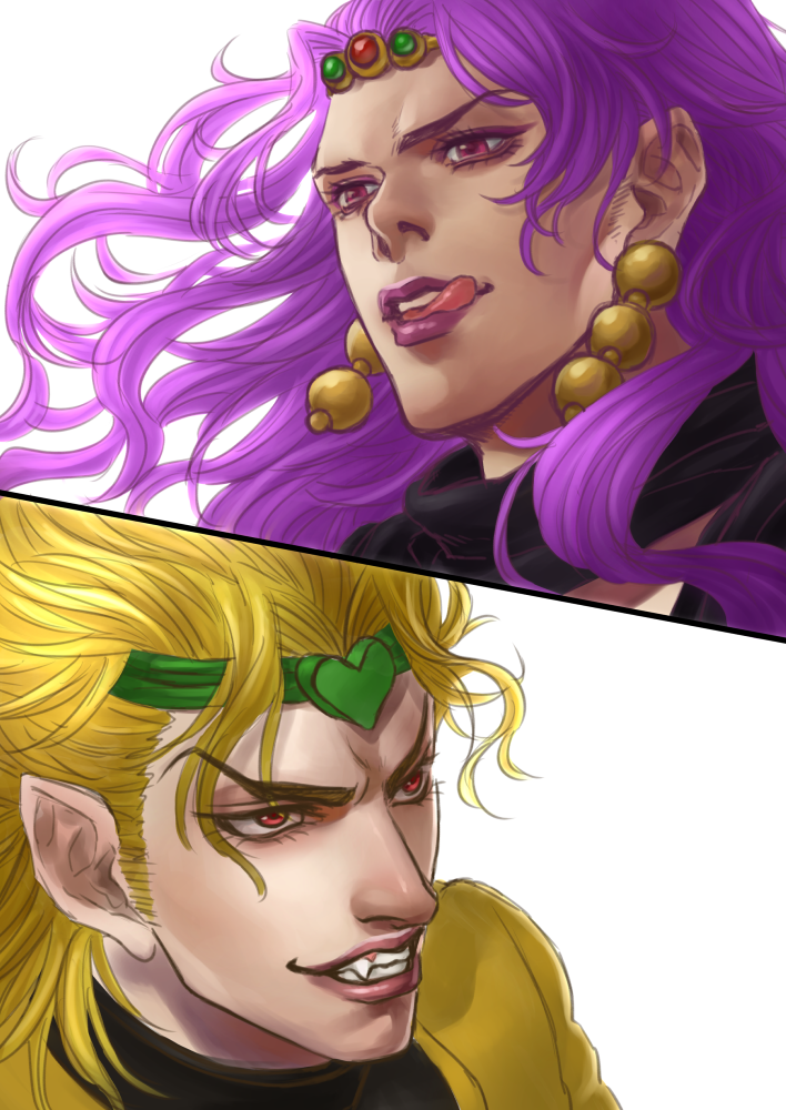 2boys, blonde_hair, dio_brando, ginjoo_(ginjo_1116), jojo_no_kimyou_na_bouken, kars_(jojo), licking_lips, multiple_boys