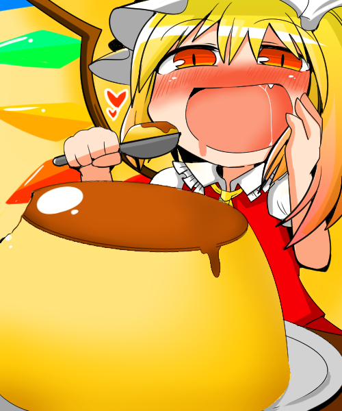 1girl, asymmetrical_hair, asymmetrical_wings, big_mouth, blonde_hair, crystal, dress, drooling, eating, fang, flandre_scarlet, giga_pudding, hand_on_own_cheek, kunitori, mob_cap, open_mouth, pudding, red_dress, red_eyes, saliva, short_hair, side_ponytail, slit_pupils, solo_focus, touhou, wings
