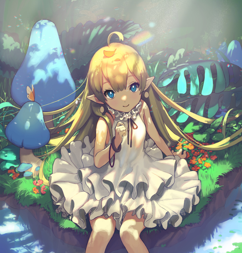 1girl, blonde_hair, blue_eyes, dress, grass, highres, long_hair, mushroom