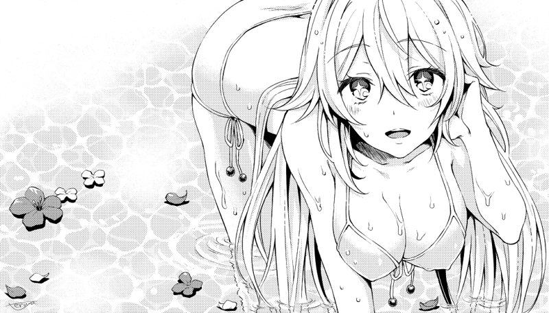 +_+, 6w6y, bikini, breasts, cleavage, long_hair, monochrome, shokuhou_misaki