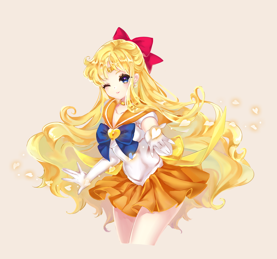 1girl, aino_minako, bishoujo_senshi_sailor_moon, blonde_hair, blue_eyes, bow, brooch, choker, earrings, elbow_gloves, gloves, hair_bow, half_updo, jewelry, long_hair, magical_girl, one_eye_closed, orange_skirt, pleated_skirt, ribbon, sailor_collar, sailor_venus, skirt, smile, solo, super_sailor_venus, tiara, vanillamieux, white_gloves