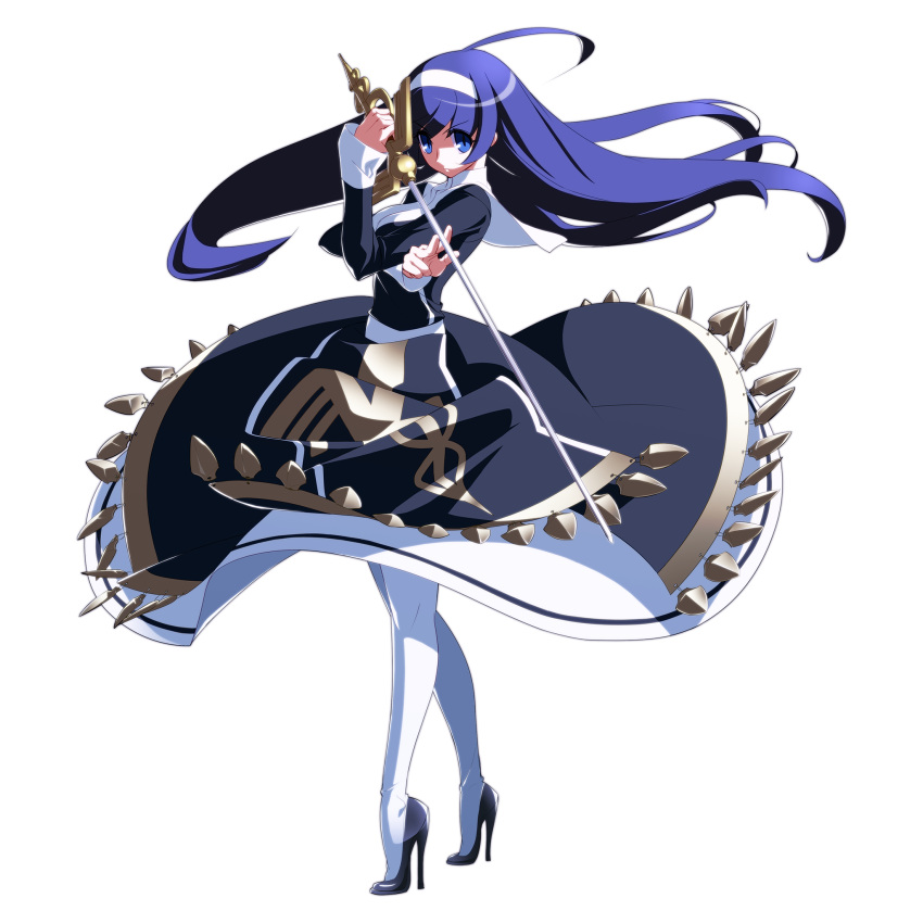 1girl, ahoge, artist_request, blue_eyes, blue_hair, dress, ecole, fighting_stance