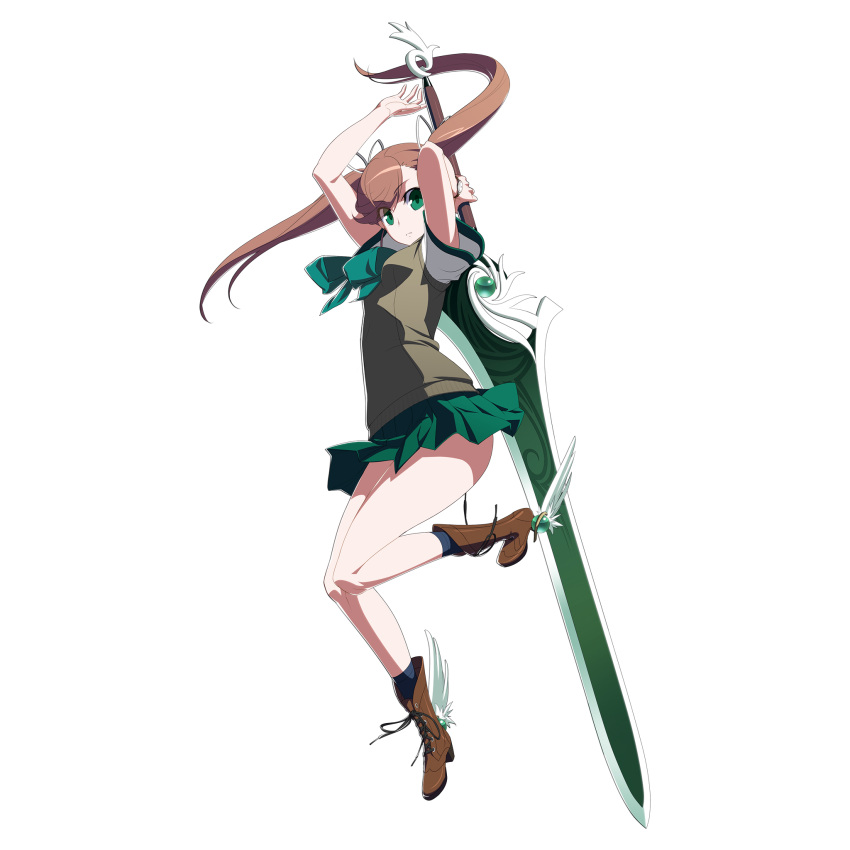 1girl, ankle_wings, boots, brown_hair, cross-laced_footwear, green_eyes, hair_ribbon, highres