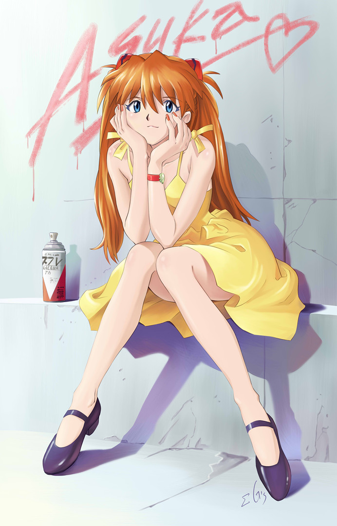 1girl, blue_eyes, dress, graffiti, hair_ornament, hands_on_own_face, long_hair, nail_polish, neon_genesis_evangelion, orange_hair, orange_nails, shikinami_asuka_langley, shoes, sitting, solo, sorandia, souryuu_asuka_langley, sundress, yellow_dress