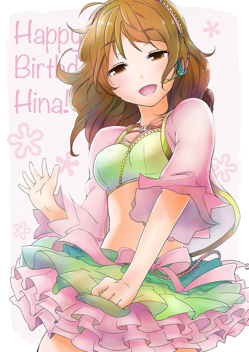 1girl, ahoge, araki_hina, blush, brown_eyes, brown_hair, glasses, happy_birthday