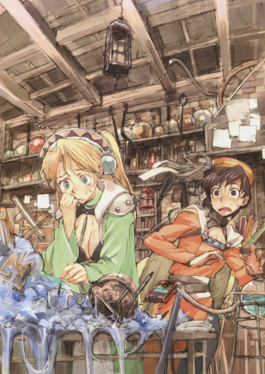 2girls, atelier_(series), atelier_elie_alchemist_of_salburg_2, atelier_marie_alchemist_of_salburg, black_legwear, blonde_hair, brown_hair, elfir_traum