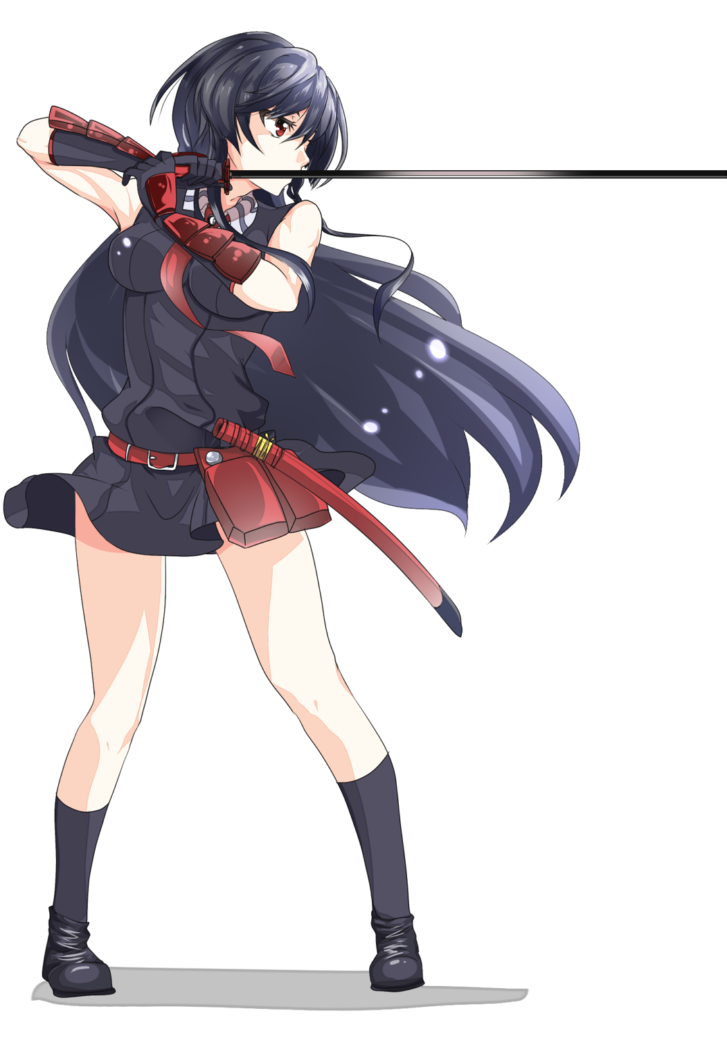 1girl, akame, akame_ga_kill!, ankle_socks, bare_shoulders, belt, black_hair, black_legwear