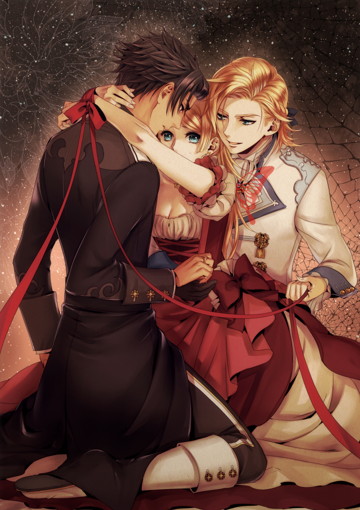 1girl, 2boys, alternate_hairstyle, aqua_eyes, arms_around_neck, bdsm, black_hair, blonde_hair