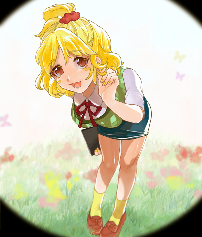 1girl, animal_crossing, blonde_hair, blush_stickers, book, breasts, brown_eyes, flower
