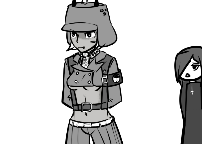 2girls, armband, arms_behind_back, black_egrets, blue_(bluevp), breasts, cosplay, fang, harness, helmet, military, military_uniform, monochrome, multiple_girls, nadia_fortune, navel, parasoul_(skullgirls), revealing_clothes, scar, skullgirls, solo_focus, underboob, uniform