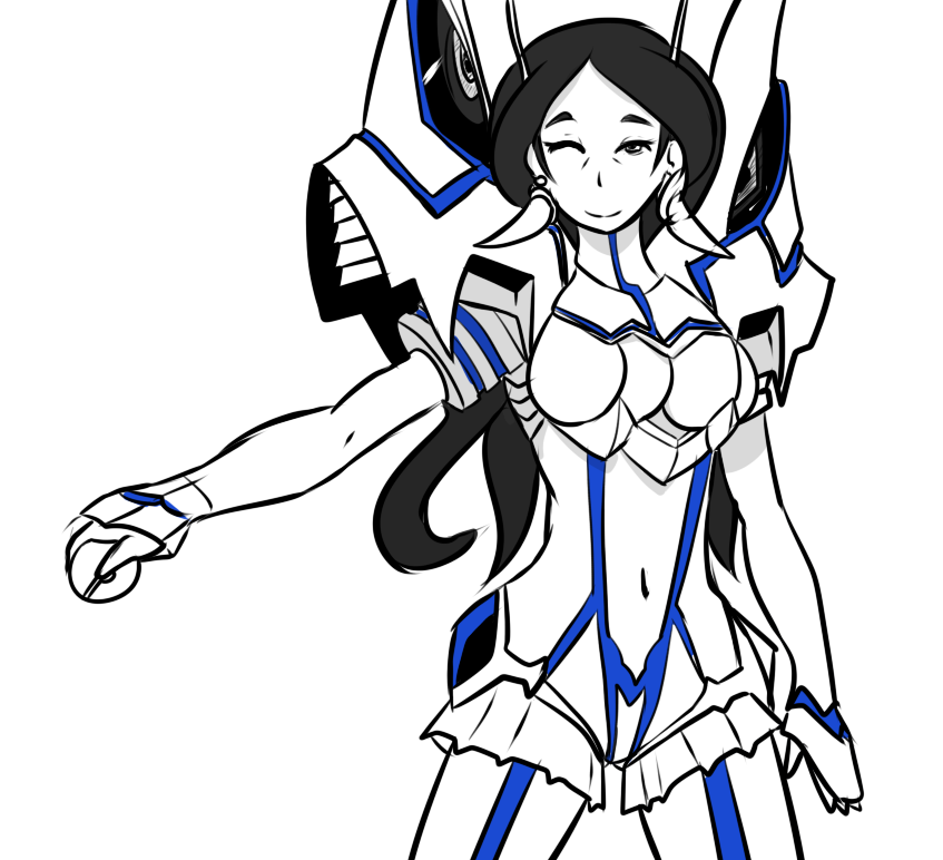 1girl, ;), blue_(bluevp), boots, breasts, cleavage, cleavage_cutout, cosplay