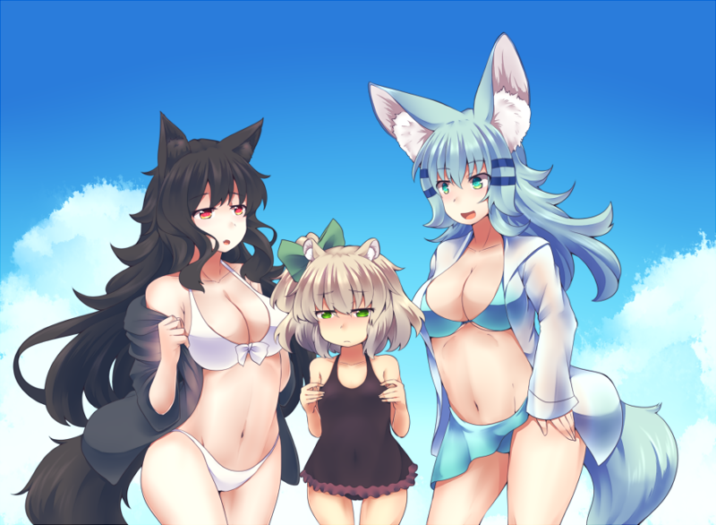 animal_ears, bikini, green_eyes, isagomiya_mimi, karimiya_chiko, kurimiya_manaka, kuromiya, long_hair