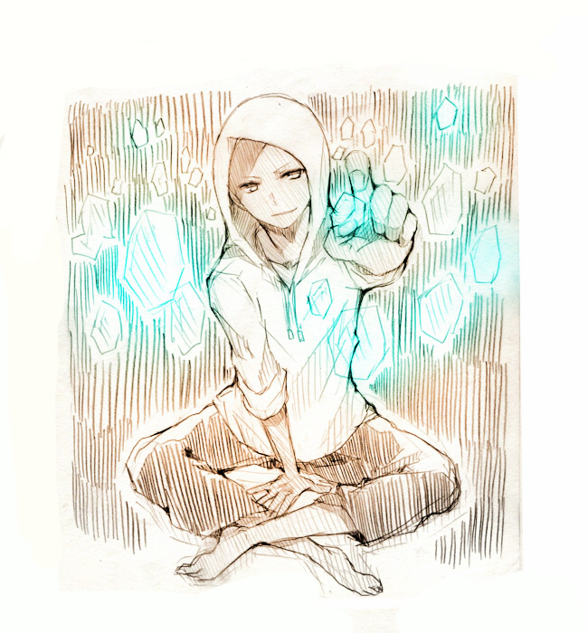 1boy, bald, barefoot, dark_skin, hoodie, indian_style, kernel_fleck, raised_hand