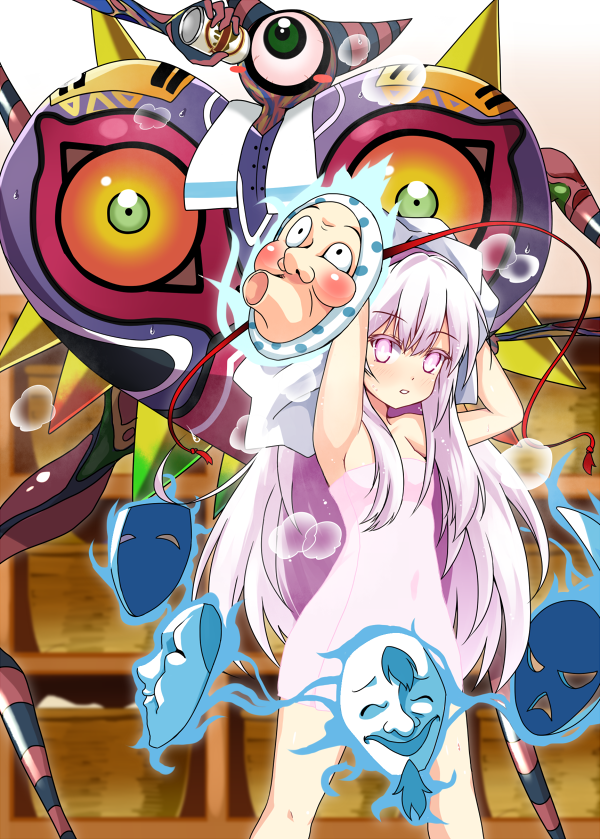 1girl, armpits, arms_up, bow, covered_navel, drying_hair, expressionless, face_mask, hata_no_kokoro, hyottoko_mask, kotomuke_fuurin, long_hair, looking_at_viewer, majora's_incarnation, majora's_mask, mask, naked_towel, pink_eyes, pink_hair, small_breasts, solo, the_legend_of_zelda, touhou, towel, towel_on_head, very_long_hair