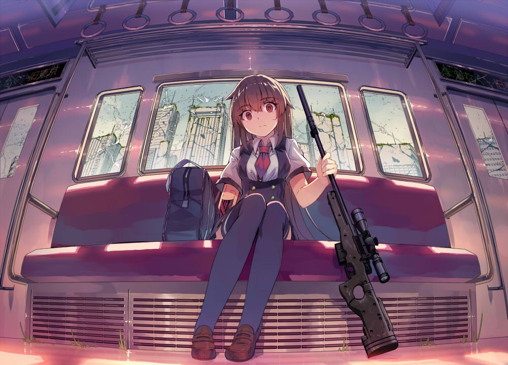 1girl, ai_arctic_warfare, artificial_arm, bag, bolt_action, brown_hair, cityscape, cyborg