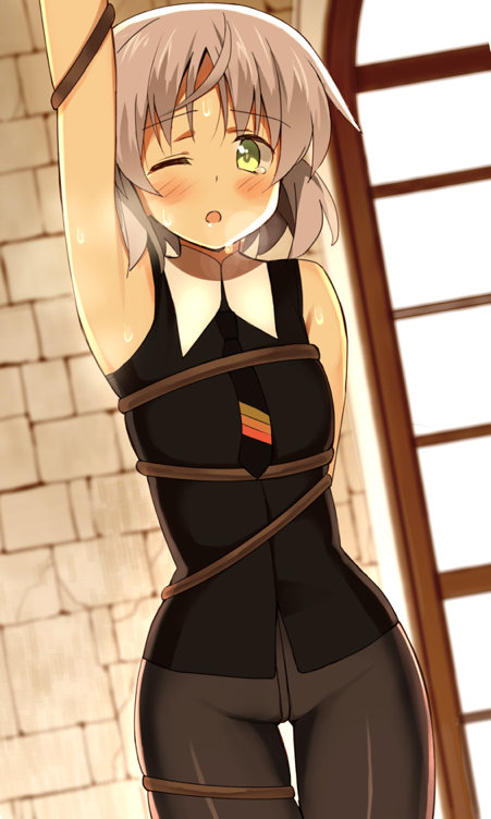 1girl, arm_behind_back, arm_up, armpits, bare_shoulders, bdsm, black_legwear, blush