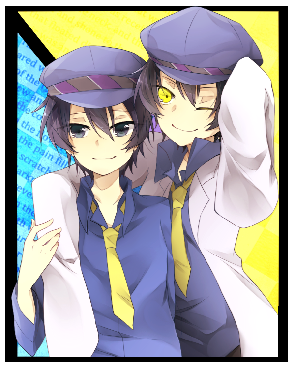 2girls, androgynous, arm_around_shoulder, blue_eyes, blue_hair, cabbie_hat, dark_persona, dual_persona