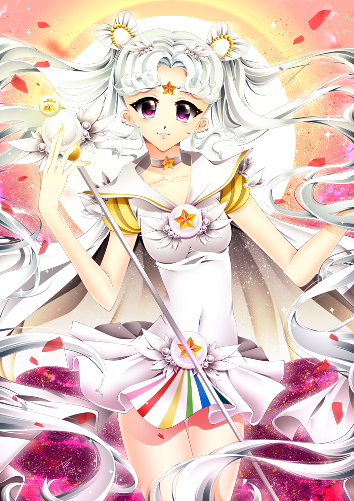 1girl, albino, bishoujo_senshi_sailor_moon, brooch, choker, double_bun, hair_ornament, hairpin, jewelry, l-edogawa, long_hair, magical_girl, petals, pleated_skirt, red_eyes, sailor_collar, sailor_cosmos, skirt, smile, solo, staff, twintails, white_hair, white_skirt
