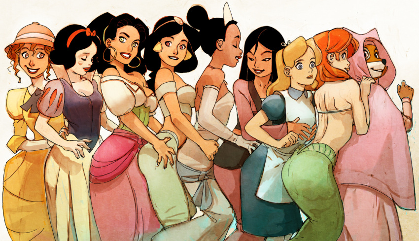 6+girls, aladdin_(disney), alice_(wonderland), alice_in_wonderland, ariel_(disney), arms_around_waist, ass, back, bare_shoulders, black_hair, blonde_hair, blue_eyes, blush, breasts, brown_eyes, brown_hair, cleavage, disney, dress, earrings, elbow_gloves, esmeralda_(disney), fa_mulan_(disney), fox, gloves, hairband, hat, hug, hug_from_behind, jane_porter, jasmine_(disney), jewelry, joel_jurion, lineup, looking_back, maid_marian_(disney), mermaid, mulan, multiple_girls, naughty_face, redhead, robin_hood_(disney), shocked_eyes, smile, snow_white, snow_white_and_the_seven_dwarfs, tarzan, the_hunchback_of_notre_dame, the_little_mermaid, the_princess_and_the_frog, tiana, tiara, yellow_eyes, yuri